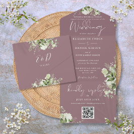 Invitación Todo En Uno Boda Formal Código QR Verde Malva