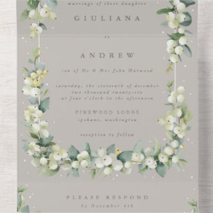 Invitación Todo En Uno Boda formal de invierno Taupe Snowberry+Eucalyptus