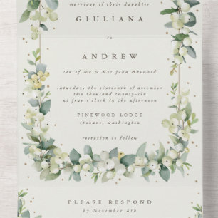 Invitación Todo En Uno Boda formal de nieve negra/crema + eucalipto