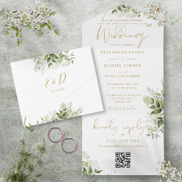 Invitación Todo En Uno Boda formal del código QR de la vegetación floral 
