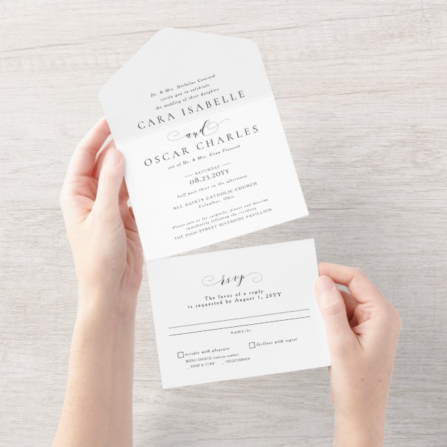 Invitación Todo En Uno Boda formal elegante en blanco y negro (desgarro)