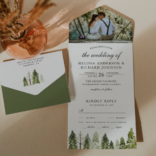 Invitación Todo En Uno Boda Foto Bosque Pinos Acuarela Rústica