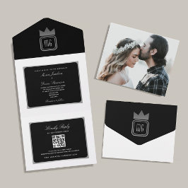 Invitación Todo En Uno Boda Foto Monograma Moderno Blanco Negro Plateado