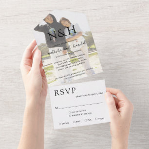 Invitación Todo En Uno Boda Foto Monograma Negrita Moderna
