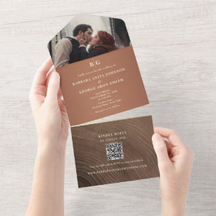 Invitación Todo En Uno Boda Foto QR Madera de Cobre