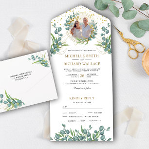 Invitación Todo En Uno Boda Fotográfica de Hojas de Eucalipto Verde Rústi