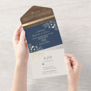 Invitación Todo En Uno Boda fotográfico azul de la Marina Moderna
