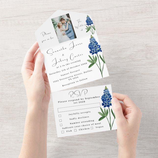 Invitación Todo En Uno Boda fotográfico Blue Floral de Bluebonnets (desgarro)