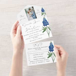 Invitación Todo En Uno Boda fotográfico Blue Floral de Bluebonnets