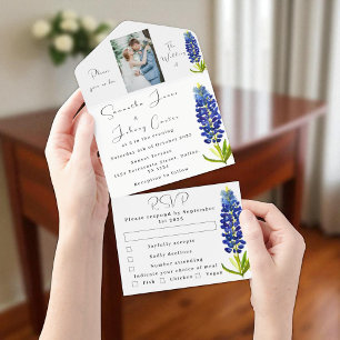 Invitación Todo En Uno Boda fotográfico Blue Floral de Bluebonnets