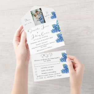 Invitación Todo En Uno Boda fotográfico Blue Floral de Bluebonnets
