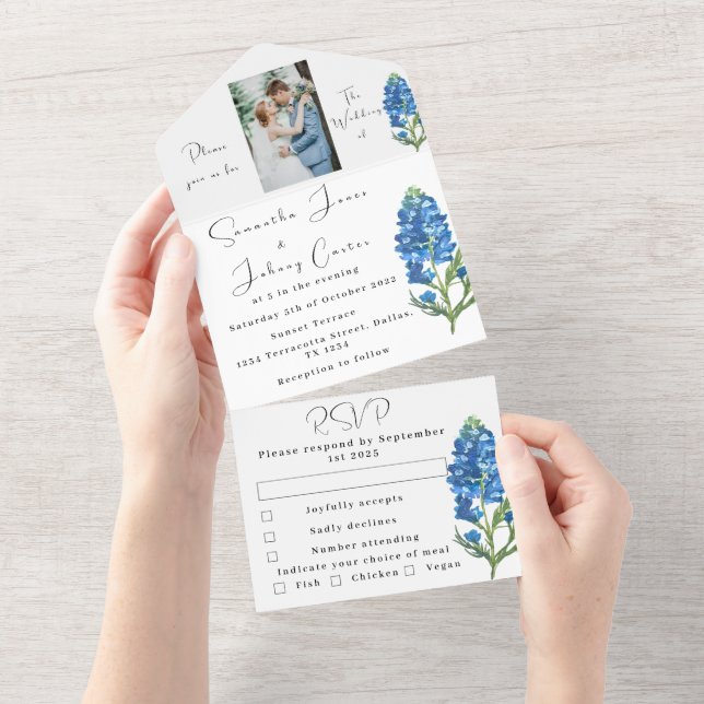 Invitación Todo En Uno Boda fotográfico Blue Floral de Bluebonnets (desgarro)
