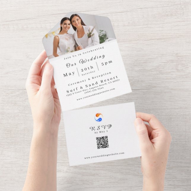 Invitación Todo En Uno Boda fotográfico -Código QR- Llamas gemelas LGBTQ- (desgarro)