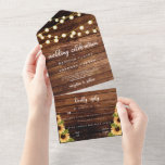 Invitación Todo En Uno Boda fotográfico de caligrafía de girasol de mader<br><div class="desc">Moda y estilo vintage,  todo ello en una invitación a la boda,  en un tema rústico de madera y girasol,  con tarjeta RSVP y tarjetas de detalle en una caligrafía con letras,  una foto personalizado de la novia y el novio. Personalízalo con los detalles de su boda.</div>