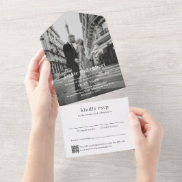 Invitación Todo En Uno Boda fotográfico de código QR moderno mínimo
