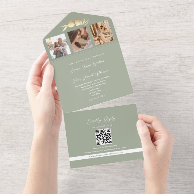 Invitación Todo En Uno Boda fotográfico de código QR verde sabio (desgarro)