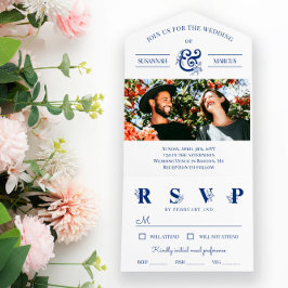 Invitación Todo En Uno Boda fotográfico de Floral blanca azul