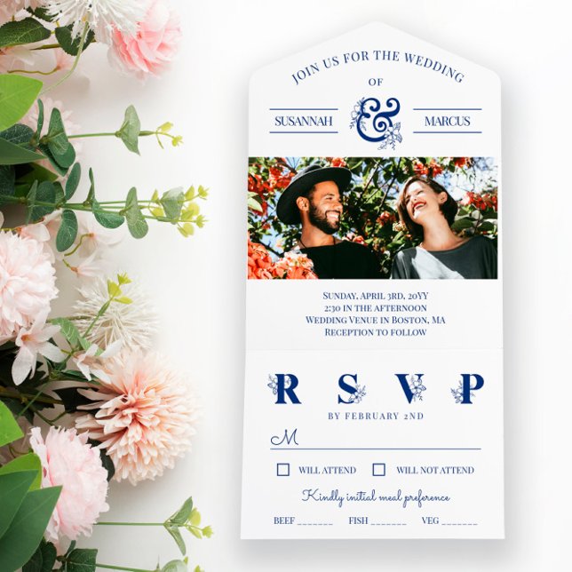 Invitación Todo En Uno Boda fotográfico de Floral blanca azul (Subido por el creador)