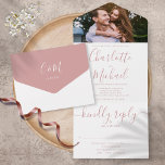 Invitación Todo En Uno Boda fotográfico de guiones Rosas y polvorientos<br><div class="desc">Todo en una invitación de boda con tu foto especial y elegante nombre de guión de firma rosa y iniciales de monograma en un polvoriento fondo rosa. La invitación incluye una tarjeta RSVP perforada que puede ser dirigida individualmente o dejada en blanco para que usted escriba a mano los detalles...</div>
