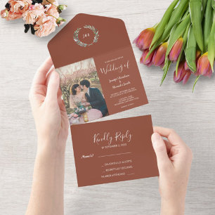 Invitación Todo En Uno Boda fotográfico de hojas de acuarela rústicas