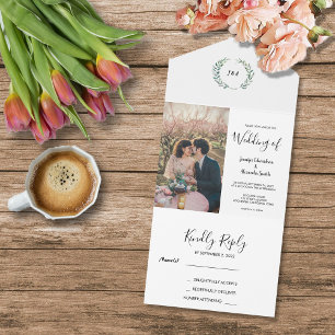 Invitación Todo En Uno Boda fotográfico de hojas de acuarela rústicas