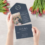 Invitación Todo En Uno Boda fotográfico de hojas de acuarela rústicas<br><div class="desc">Elegante monogramado acuarela botánica invitación a boda y tarjeta RSVP en uno. Para la primavera,  el verano,  el otoño o la boda de invierno. Puede agregar fácilmente su propia foto para personalizarla y agregar su propio texto.</div>