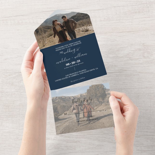 Invitación Todo En Uno Boda fotográfico de moda azul de la marina simple (desgarro)
