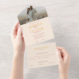 Invitación Todo En Uno Boda fotográfico de oro y mostaza