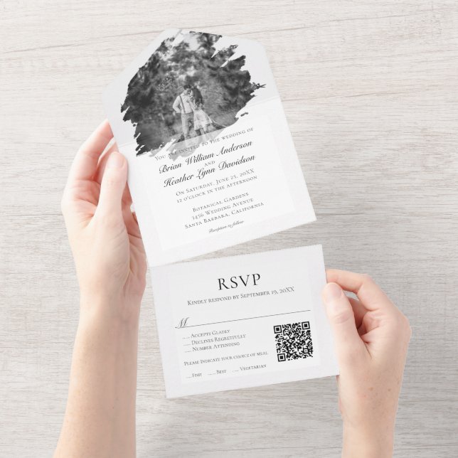 Invitación Todo En Uno Boda fotográfico de pincel moderno | Blanca (desgarro)