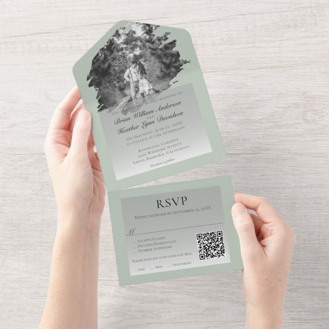 Invitación Todo En Uno Boda fotográfico de pincel moderno | Verde salvia (desgarro)