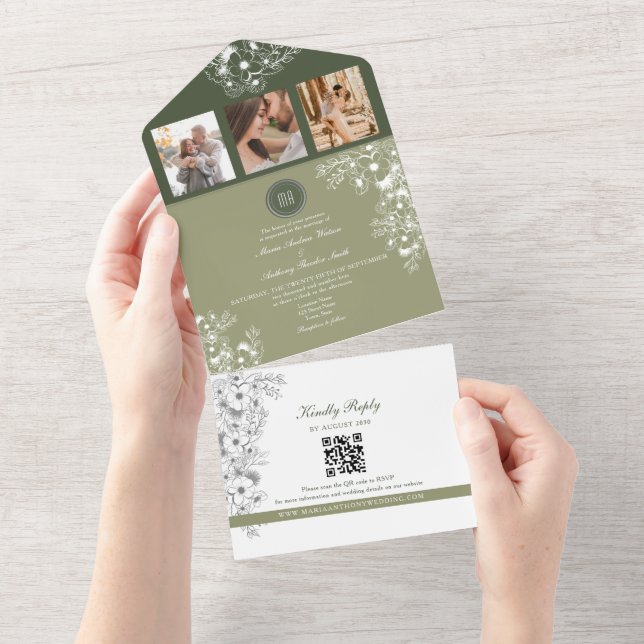 Invitación Todo En Uno Boda fotográfico de salvia verde oliva (desgarro)