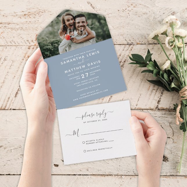 Invitación Todo En Uno Boda fotográfico Dusty Blue Calligraphy (Subido por el creador)