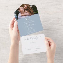 Invitación Todo En Uno Boda fotográfico Dusty Blue Y Gold