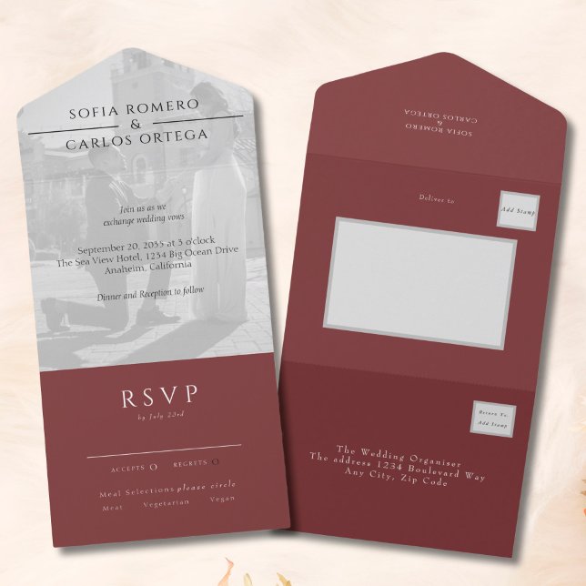 Invitación Todo En Uno Boda fotográfico moderno de Borgoña (Subido por el creador)