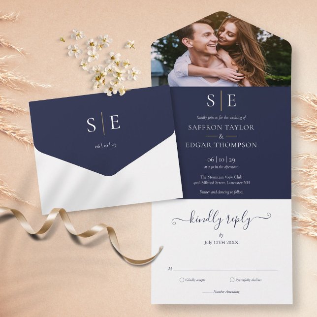 Invitación Todo En Uno Boda fotográfico Navy Blue And Gold Monograma (Subido por el creador)