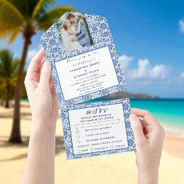 Invitación Todo En Uno Boda fotográfico portugués de mosaicos mediterráne