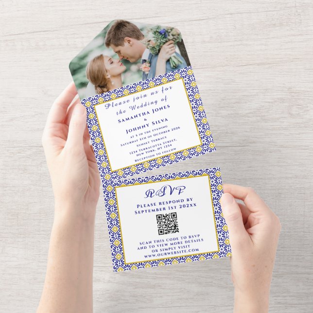 Invitación Todo En Uno Boda fotográfico portugués de mosaicos mediterráne (desgarro)