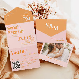 Invitación Todo En Uno Boda fotográfico retro de verano rosa y Naranja