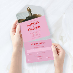 Invitación Todo En Uno Boda fotográfico rosa y rojo brillante