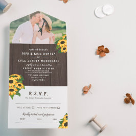 Invitación Todo En Uno Boda fotográfico Rústico de girasoles y madera