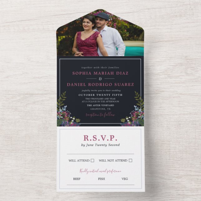 Invitación Todo En Uno Boda fotográfico sobre las hojas de oliva azul de  (Interior)