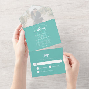 Invitación Todo En Uno Boda fotográfico Verde azulado monograma simple