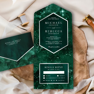 Invitación Todo En Uno Boda Galaxia Verde Esmeralda Universo Espacio Exte