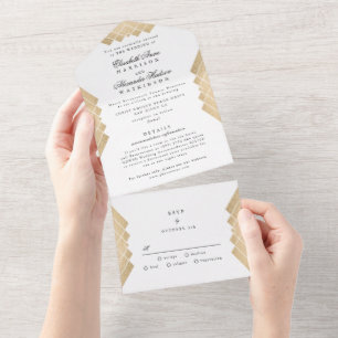 Invitación Todo En Uno Boda Gatsby Geométrico de Pirámide Gold Tradiciona