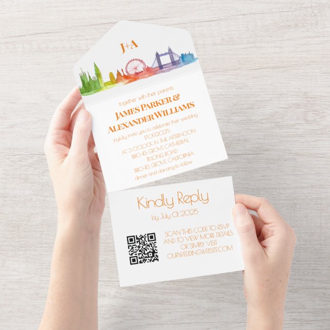 Invitación Todo En Uno Boda gay arcoiris Orgullo LGBT RSVP Código QR (desgarro)
