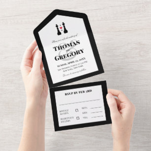 Invitación Todo En Uno Boda gay de piezas de ajedrez de Black King