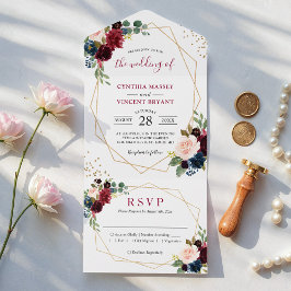 Invitación Todo En Uno Boda Geo Floral Rojo Vino de Marina (no se necesit
