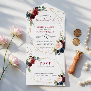Invitación Todo En Uno Boda Geo Floral Rojo Vino de Marina (no se necesit