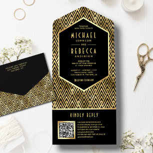 Invitación Todo En Uno Boda Geométrica Art Déco Código QR Oro Negro