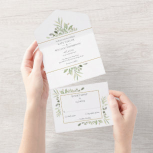 Invitación Todo En Uno Boda Geométrica de Monograma Verde Dorado